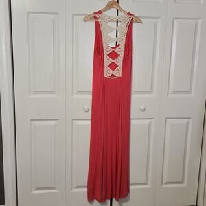 Lovestitch Women's Pink & Ivory Lace Sleeveless Maxi Dress Size Med Soft Stretch